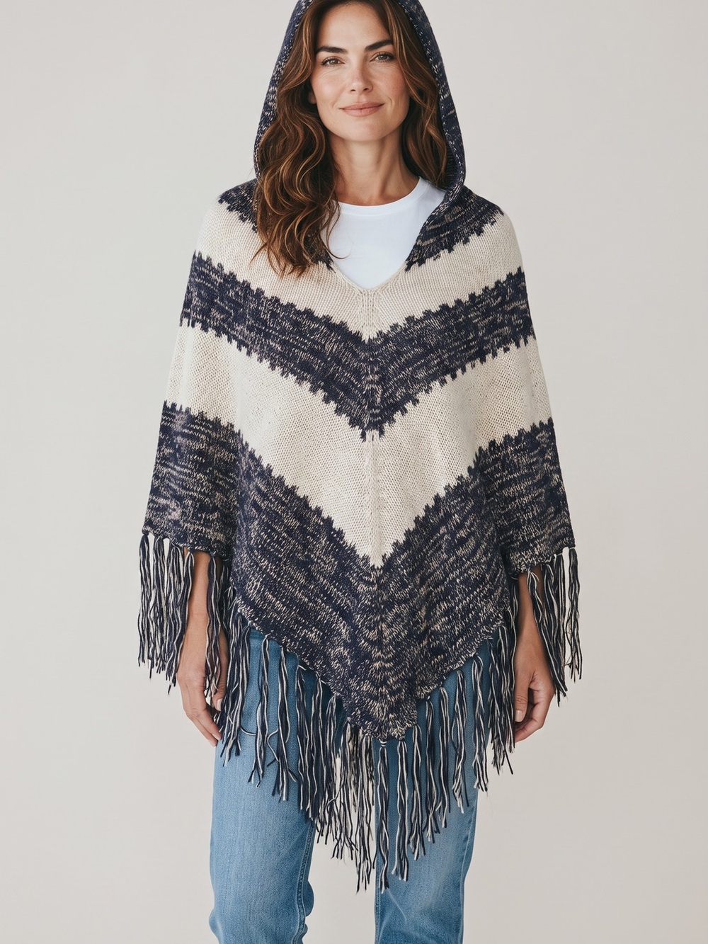 Willow & Clay Hooded Fringe Poncho Sweater - black, gray and cream